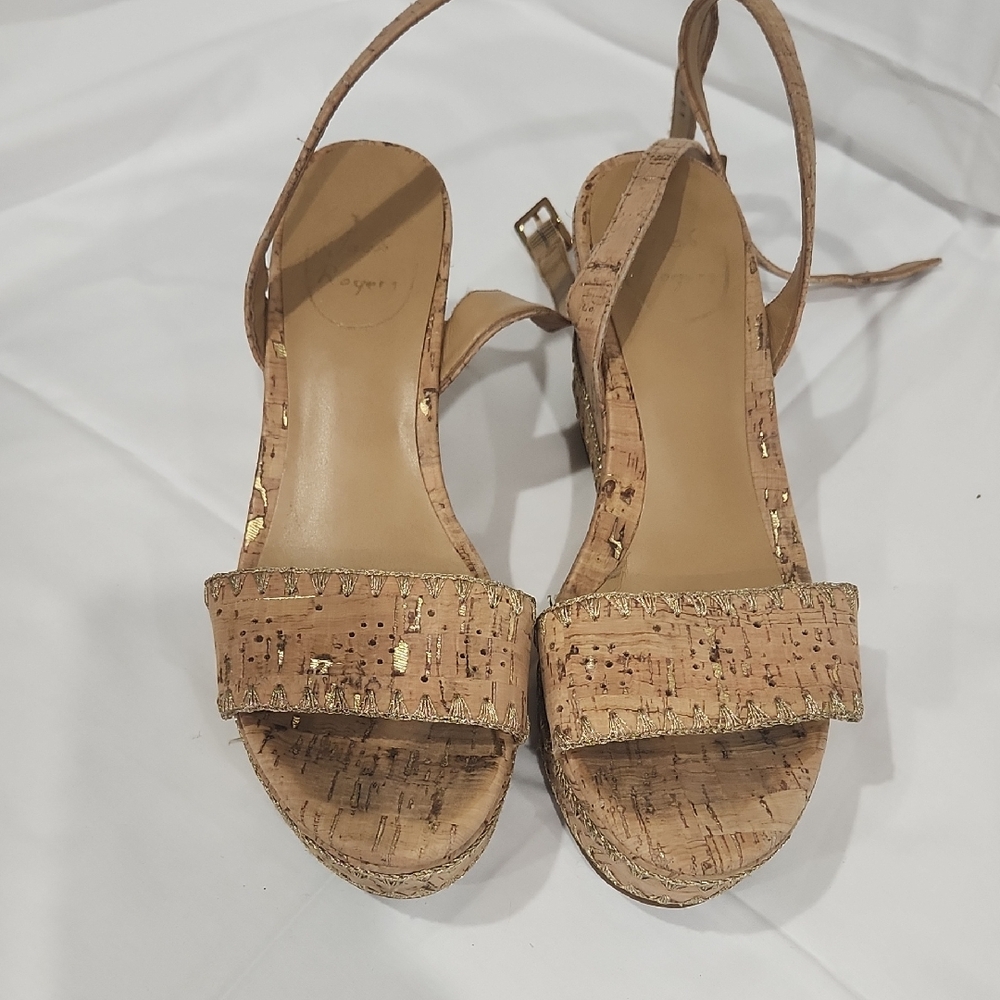 Jack Rogers Flagler Ankle-Strap Whipstitch Platform Wedge Sandals Metallic Cork